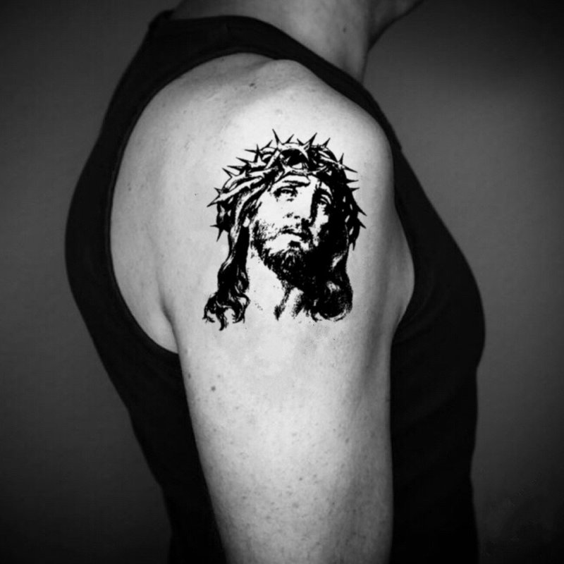 OhMyTat 耶穌肖像 Jesus 刺青圖案紋身貼紙 (2 張) - 紋身貼紙/刺青貼紙 - 紙 黑色
