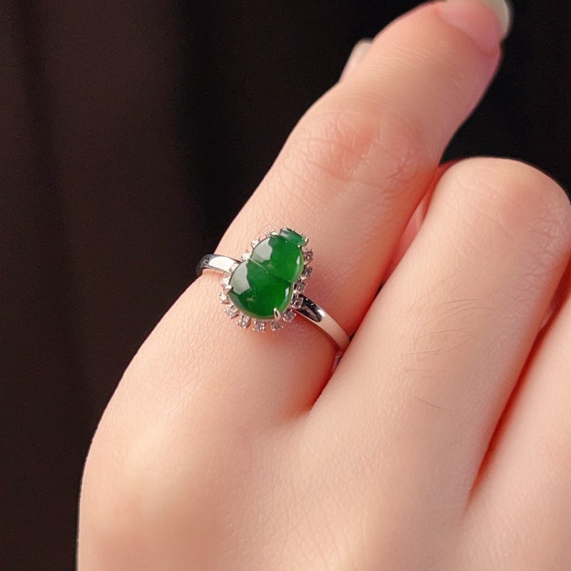 Bingzhong Laokeng Green Jade Gourd Ring 18K Gold Diamond Inlaid | Natural Jade A Grade | Gift - แหวนทั่วไป - หยก สีเขียว