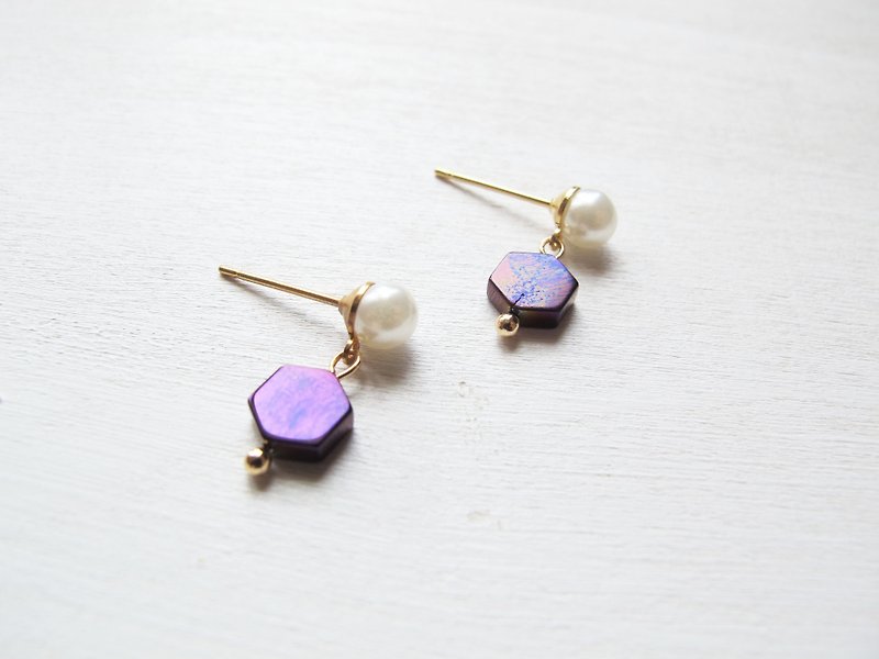 Rosy Garden 幻彩紫色六角形烏剛石配小珍珠耳環 可換耳夾式 - 耳環/耳夾 - 寶石 紫色