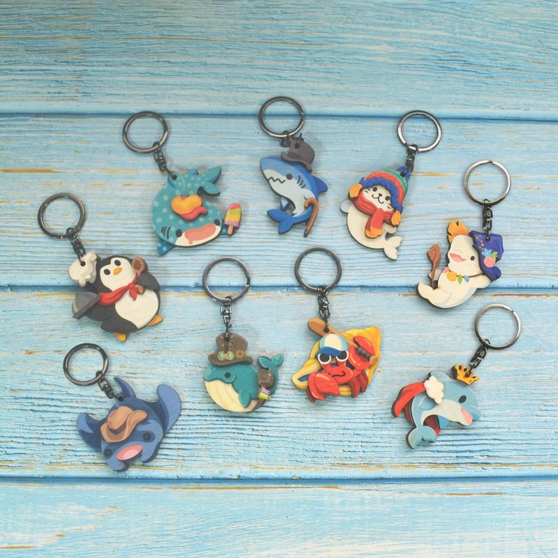 Mumu keychain-penguin, stingray, dolphin, beluga-marine animal series - Keychains - Wood 