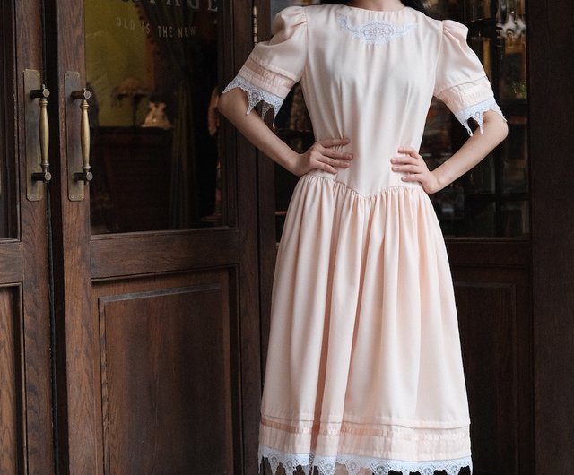 Vintage dress American-made orange pink low-waist lace dress