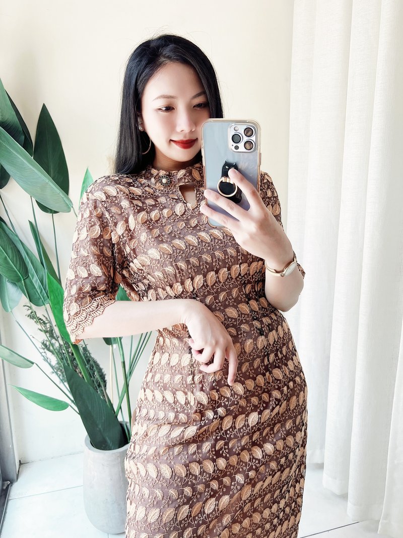 蕾絲橙橘透膚透膚雙層五分袖 古著洋裝連衣裙連身裙vintage dress - 洋裝/連身裙 - 棉．麻 橘色