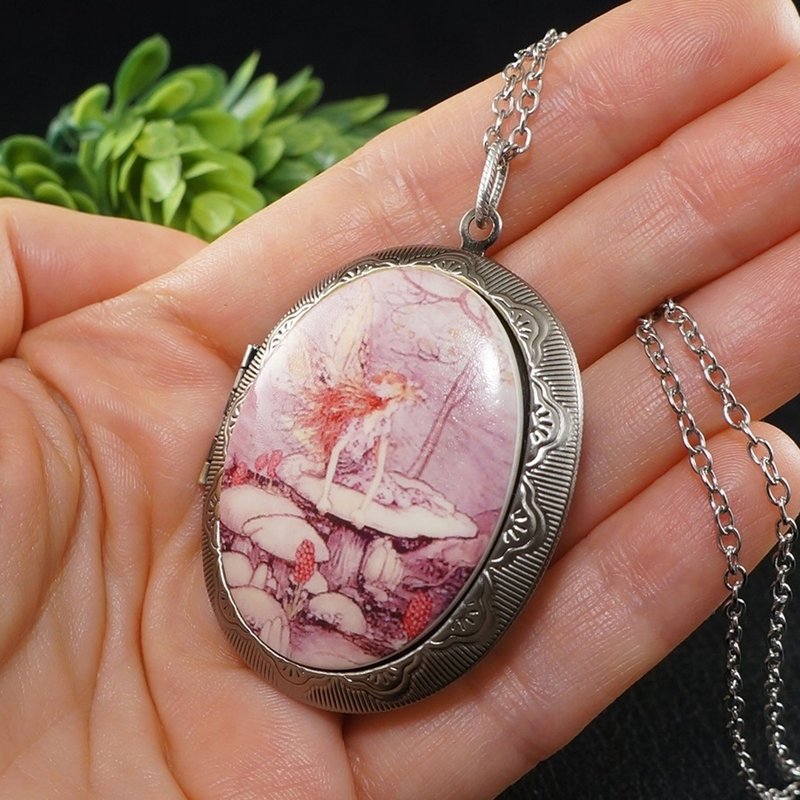 Fairy Cameo Photo Locket Lilac Lavender Dusty Rose Oval Pendant Necklace Jewelry - 項鍊 - 其他材質 紫色