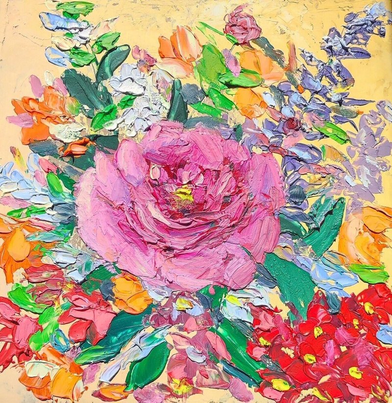 Rose Painting Flower Original Art Floral Impasto Oil Painting Small Wall Art - วาดภาพ/ศิลปะการเขียน - วัสดุอื่นๆ 