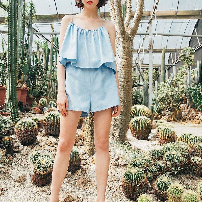 【HotSummer】Spaghetti Strap Ruffle Collar Jumpsuit (Blue)│Who Cares Taiwan Clothing Brand - Overalls & Jumpsuits - Cotton & Hemp Blue