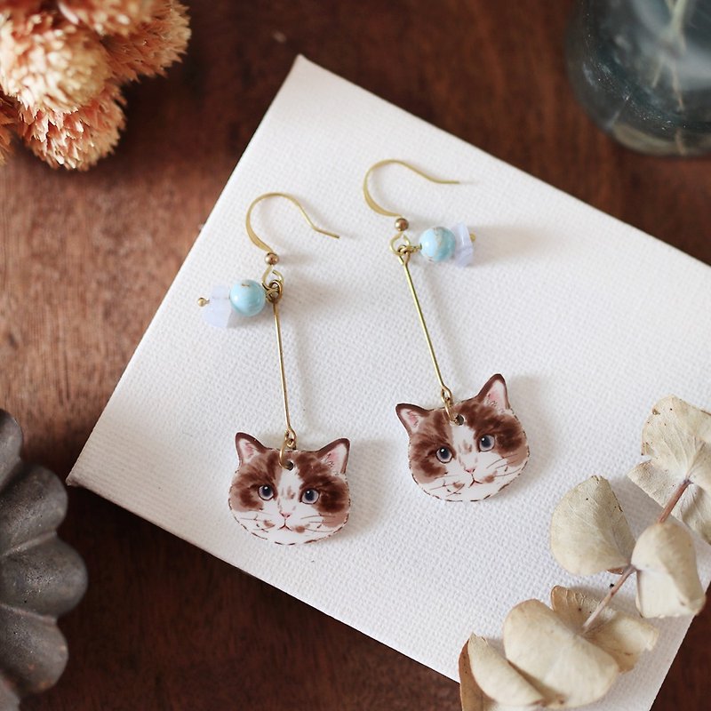 Small animal natural stone handmade earrings - cat cafe can be changed - ต่างหู - เรซิน สีนำ้ตาล