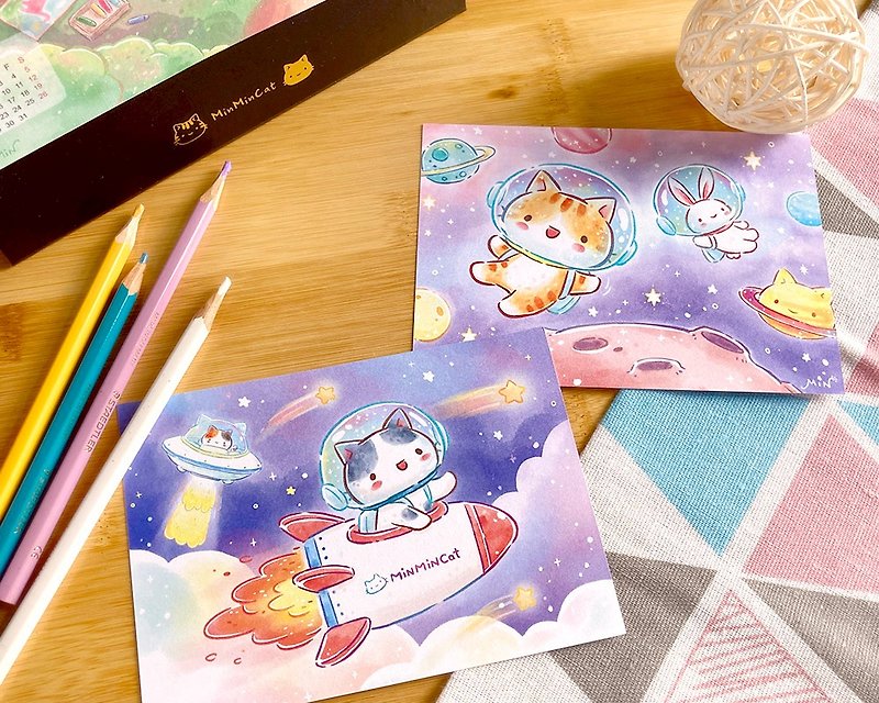 Secret Cat Universe Series Watercolor Style Illustration Postcards (2 styles in total) Space Cat & Rocket Cat - Cards & Postcards - Paper Multicolor