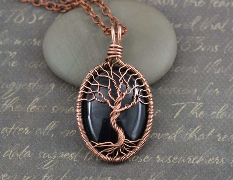 Black agate Tree of Life necklace pendant Handmade copper wire wrapped jewelry
