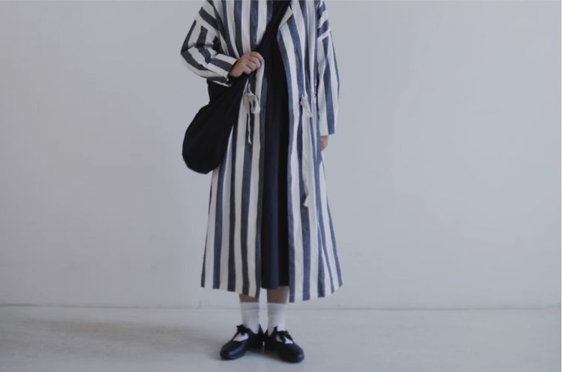 Cotton Linen Wide Stripe Drawstring Trench Coat Japanese Smock Dress - Women's Casual & Functional Jackets - Cotton & Hemp Blue