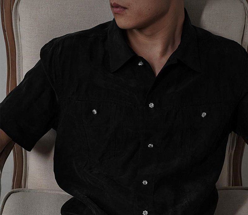 European and American dark style diamond button short sleeve shirt - Other - Other Materials Black