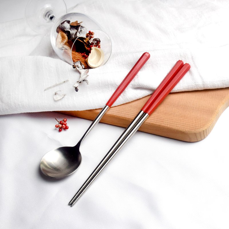 Creative Hexagonal Good Chopsticks Spoon Tableware Set 1 Set - Chinese Red - Chopsticks - Stainless Steel Red