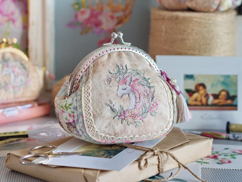 Handmade quilted pouch, purse with Vintage Unicorn micro cross stitching - Other - Eco-Friendly Materials Pink