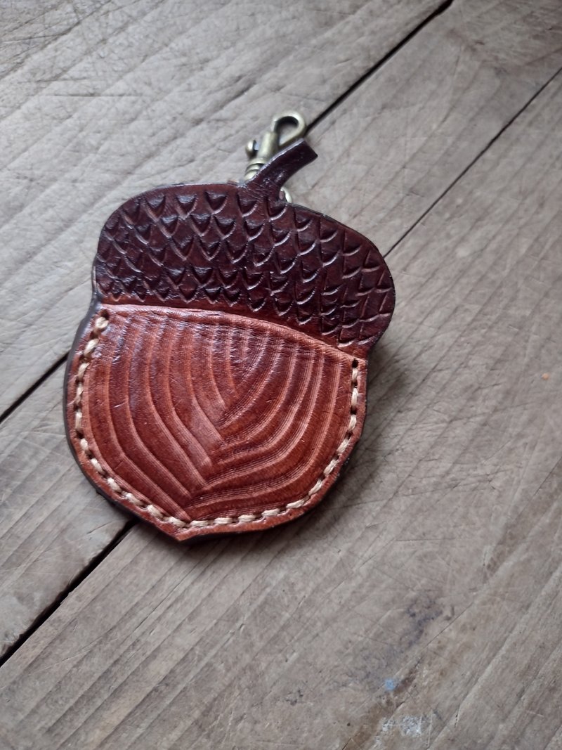 可愛橡果 橡實 栗子 gogoro 鑰匙包 純牛皮皮革套 - 鑰匙圈/鑰匙包 - 真皮 咖啡色