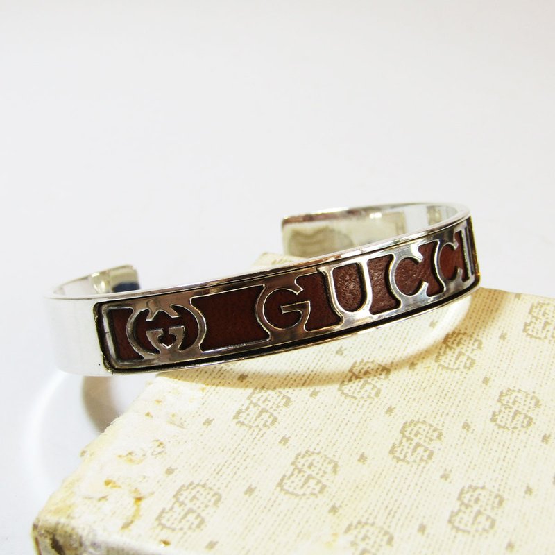 OLD GUCCI オールドグッチ ヴィンテージ シルバー925 ブラウンレザー バングル - 手鍊/手環 - 其他金屬 銀色