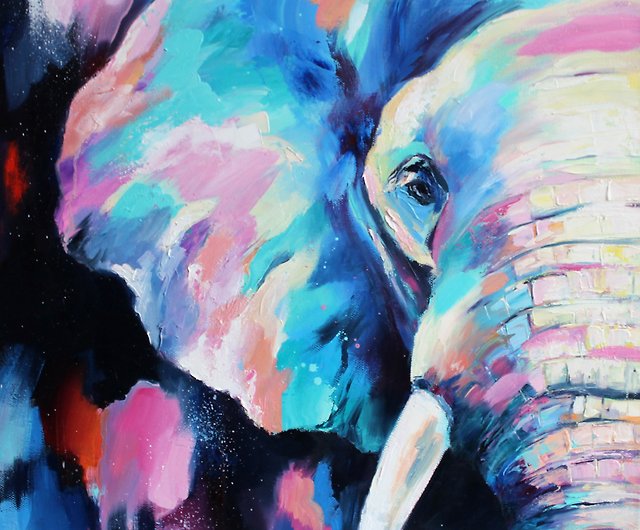 キャンバス上の象の絵カラフルな動物のオリジナルアート象の壁のアート ショップ Mariartpro ウォールデコ 壁紙 Pinkoi