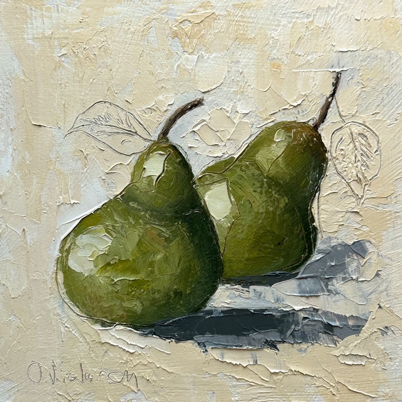 Textured Impasto Miniature Two Green Pears Light Background 6x6inch Original Art - 壁貼/牆壁裝飾 - 其他材質 