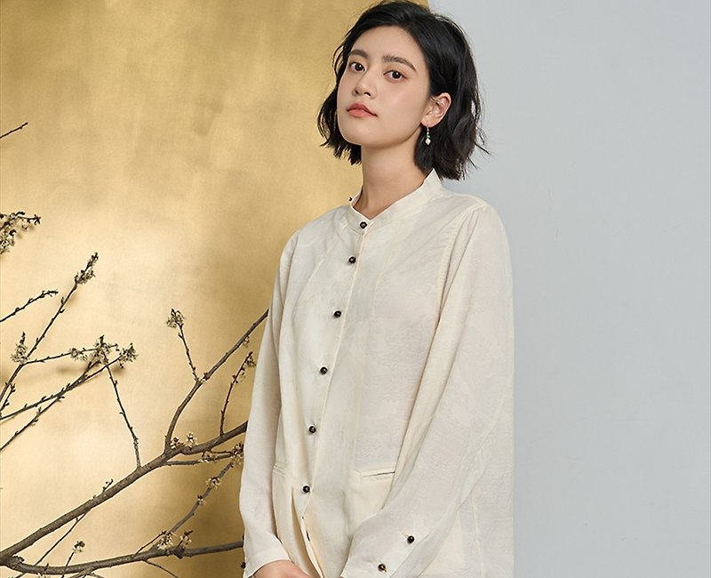 Shi Leng Gu Shan New Chinese Retro Tibetan Loose Long Sleeve Jacquard Shirt - Women's Tops - Other Materials White
