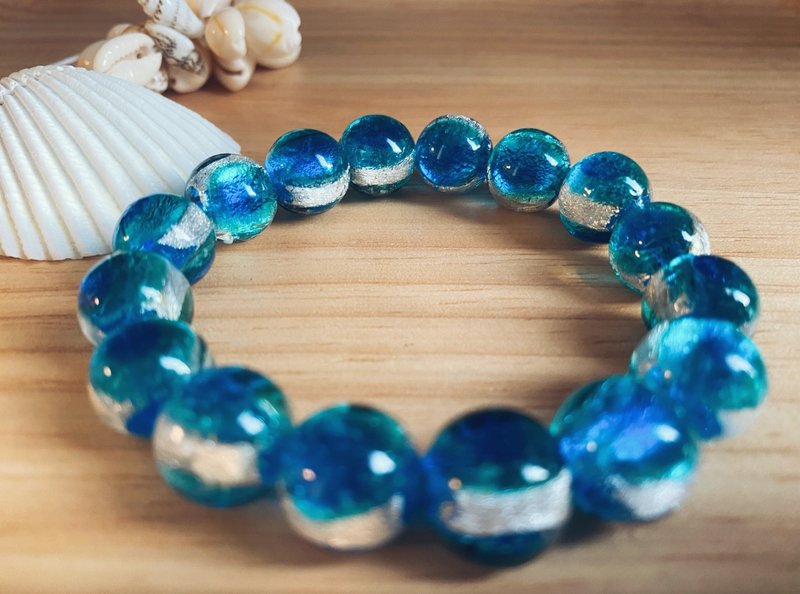 [Glass Series] 12MM Aqua Blue Silver Foil Luminous Glaze Bead Bracelet (Suitable for Men and Women) - Bracelets - Colored Glass Blue