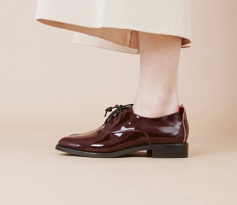 Mirror patent leather school strap oxford shoes leather wine red - รองเท้าอ็อกฟอร์ดผู้หญิง - หนังแท้ สีแดง