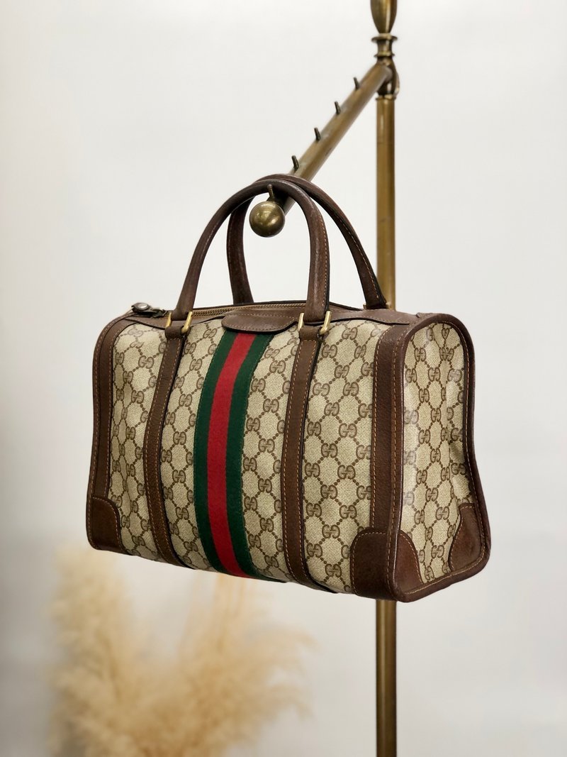 【 日本直送　名牌中古包 】GUCCI グッチ シェリーライン GG柄 ハンドバッグ ブラウン PVC ボストンバッグ vintage オールド pcefbw - 手提包/手提袋 - 防水材質 咖啡色
