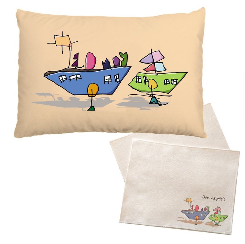 [Customized gift] Graffiti small pillow + environmentally friendly graffiti linen table mat (a set of two pieces) combination package - Pillows & Cushions - Other Materials Multicolor