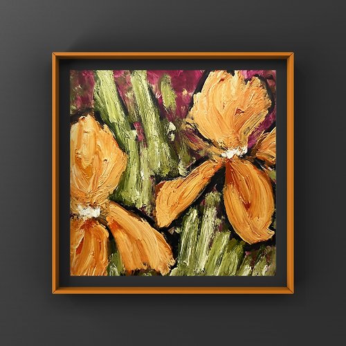Katrin Fine Art Orange Irises oil painting 5 inch Impressionist Iris flower wall art