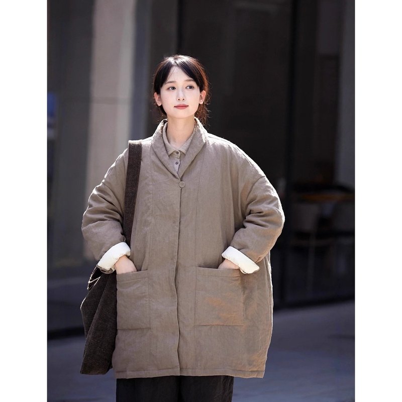 蕎麥色亞麻和紙保暖寬松中式羽絨服 - 女上衣/長袖上衣 - 棉．麻 