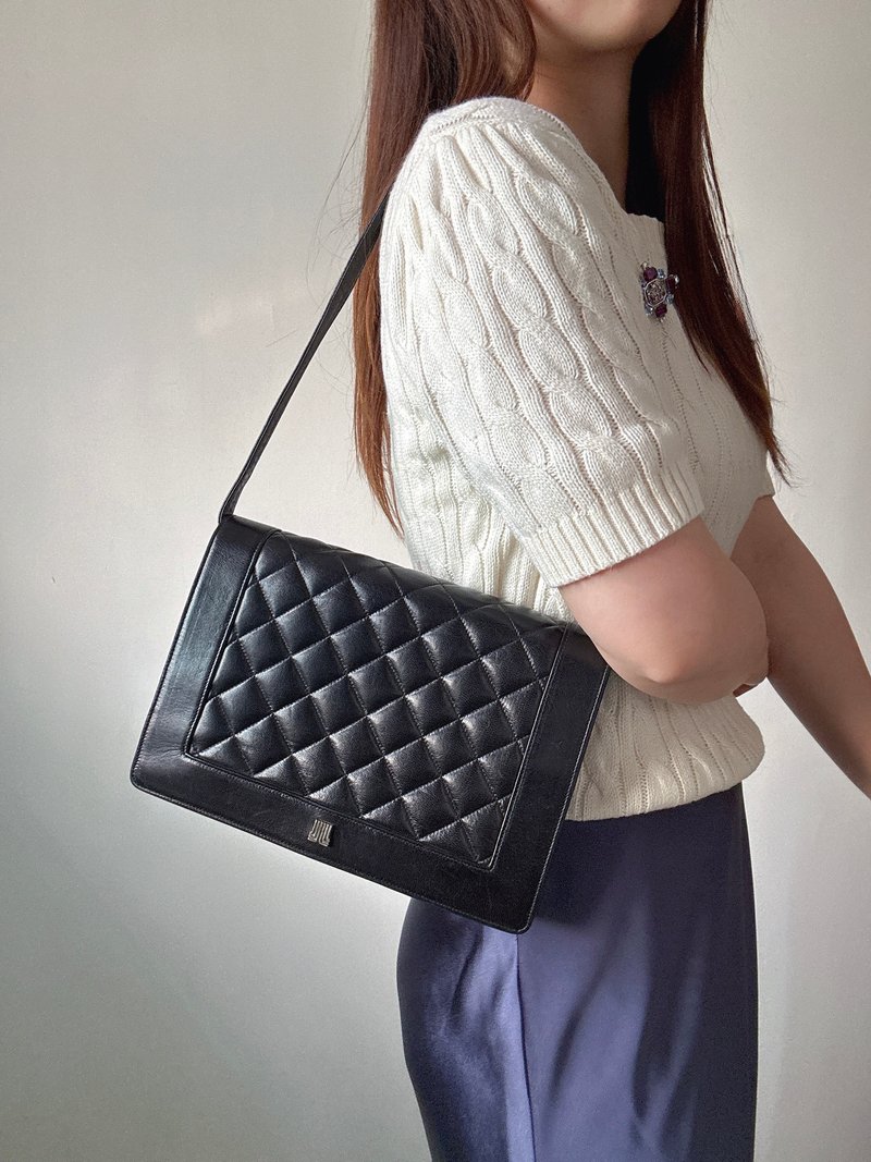 中古美品 Lanvin 浪帆 菱格紋真皮風琴包 斜背包 腋下包 法國製 - 側背包/斜背包 - 真皮 黑色