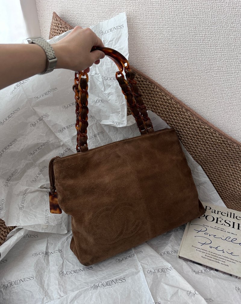 中古包 Chanel 香奈兒 麂皮Teddy Bear玳瑁鍊托特包 - 手提包/手提袋 - 真皮 咖啡色