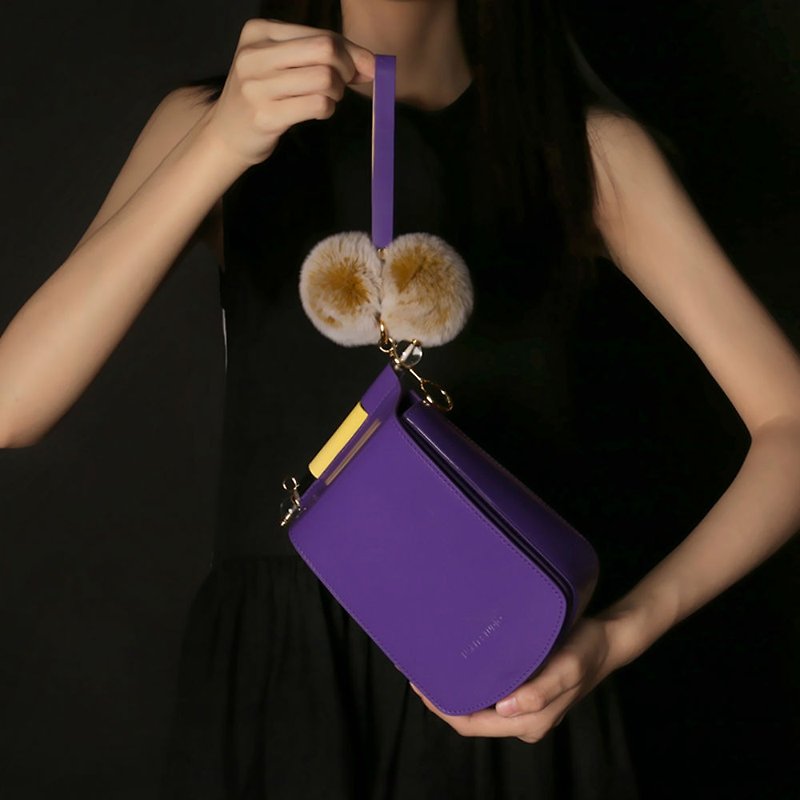 Purple leather candy color mobile phone small square bag cross-body bag with side backpack can be loaded with iPhone X - กระเป๋าแมสเซนเจอร์ - หนังแท้ สีม่วง