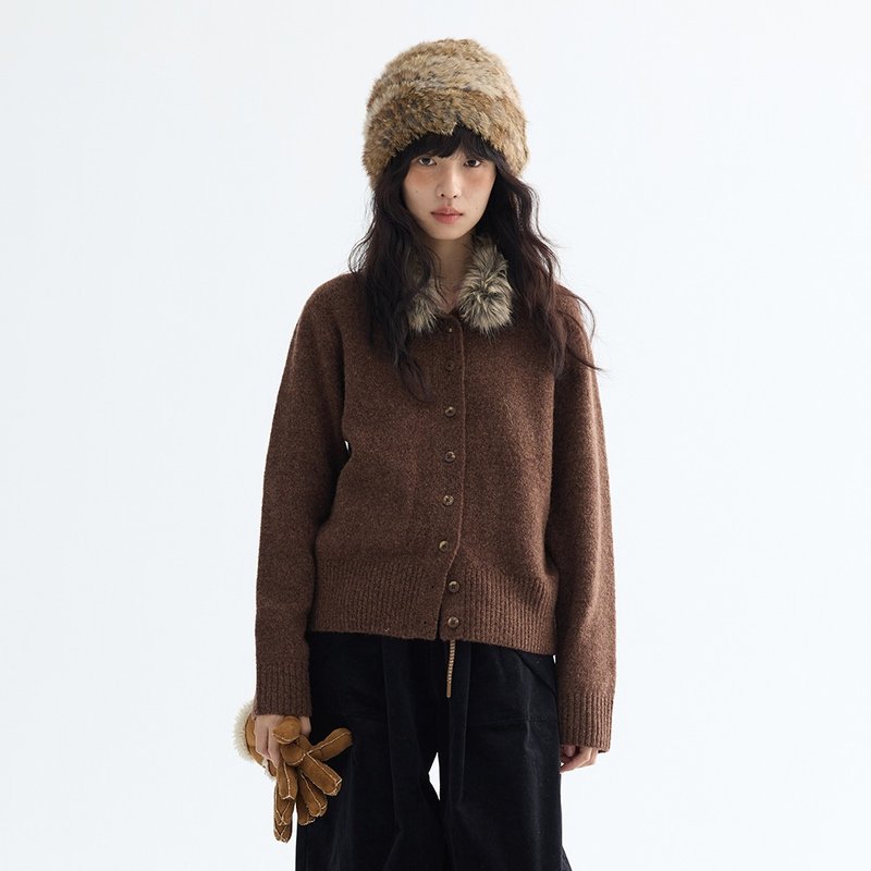 可拆卸毛領開衫|針織衫|兩色|冬款|Sora-1977 - 女毛衣/針織衫 - 羊毛 多色