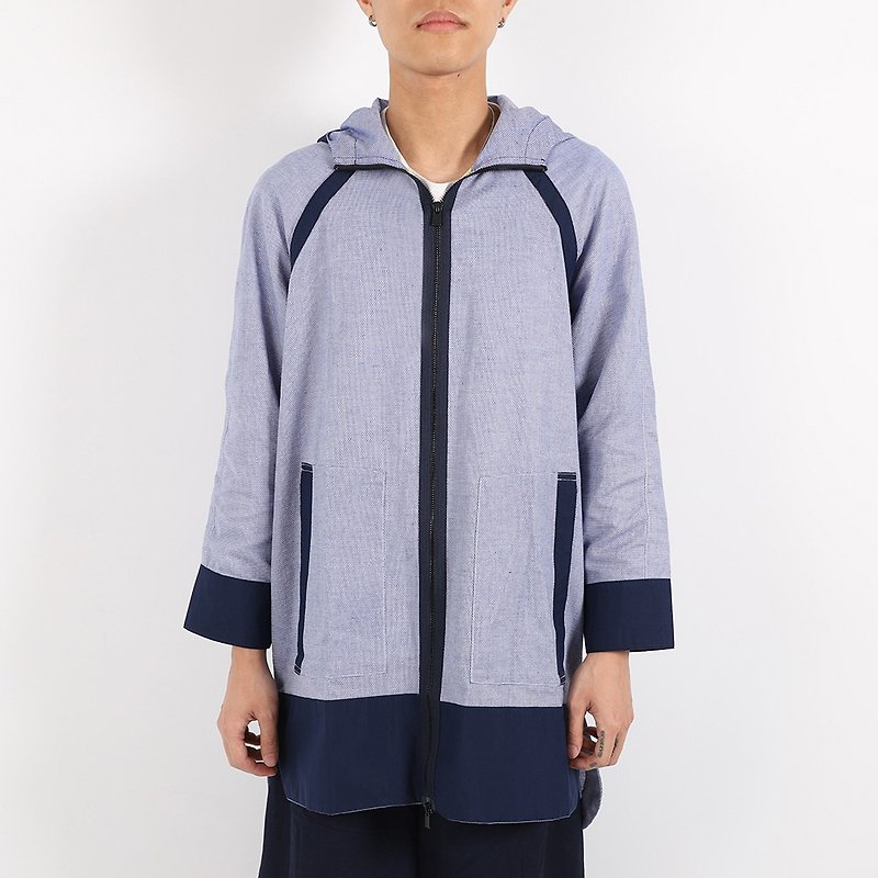【夏日遮陽】棉麻網眼拉克蘭袖長外套(藍) - 外套/大衣 - 棉．麻 藍色