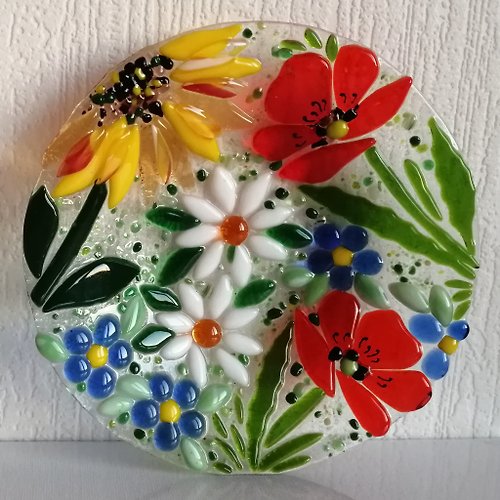VitrasoleGlass Round decorative fused glass plate with flowers - Summer theme dessert plate