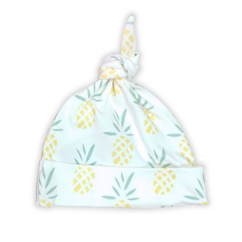 【Deux Filles有機棉】帶結嬰兒帽(鳳梨圖案) - 嬰兒帽/髮帶 - 棉．麻 黃色