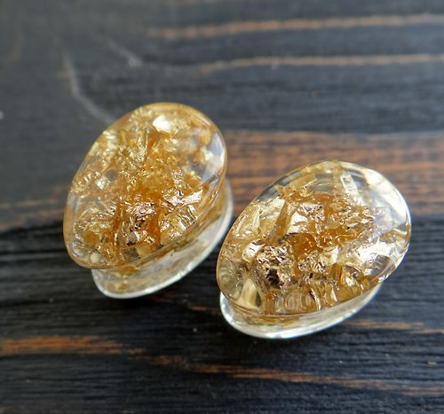 Eterniada Gold plugs earring 2g 0g 00g gauges flakes Iridescent Teardrop Resin