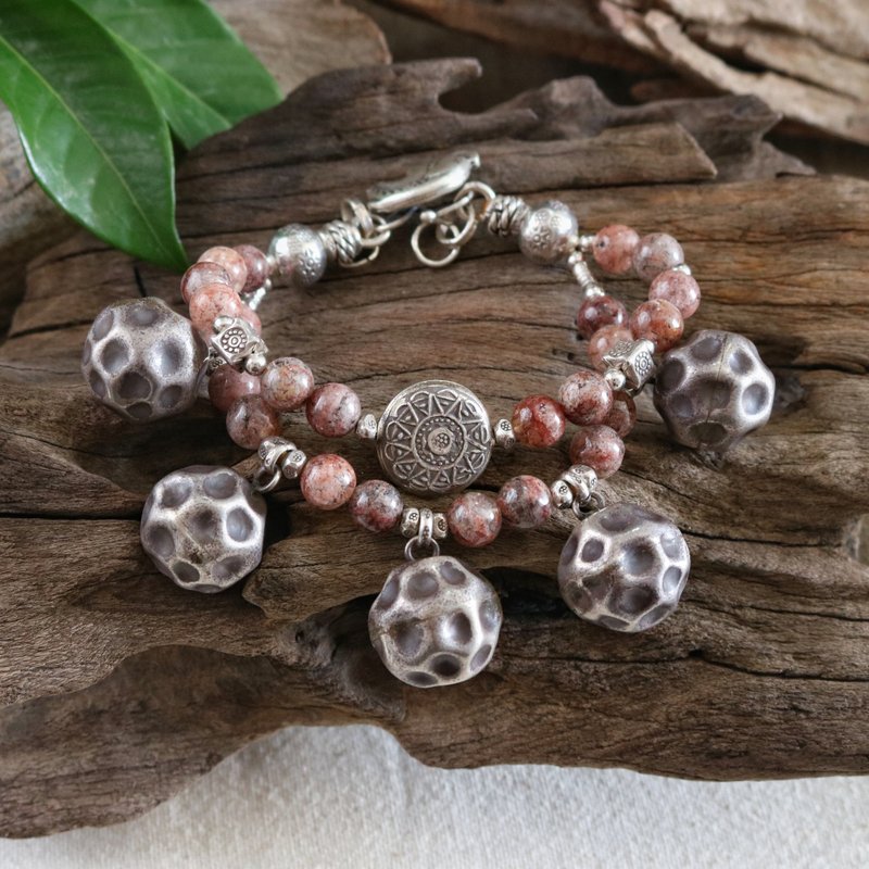 Natural Pink Garden Quartz Ethnic Bracelet with Karen Silver Hammered Ball Charm - Bracelets - Sterling Silver Pink