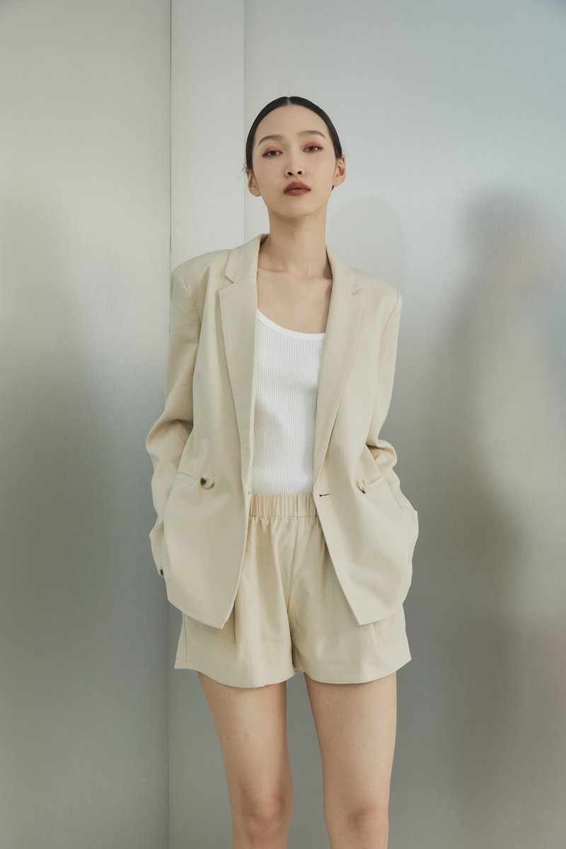 [Brand original] Alixis elastic Linen and linen blazer intellectual Khaki - เสื้อสูท/เสื้อคลุมยาว - ผ้าฝ้าย/ผ้าลินิน สีกากี