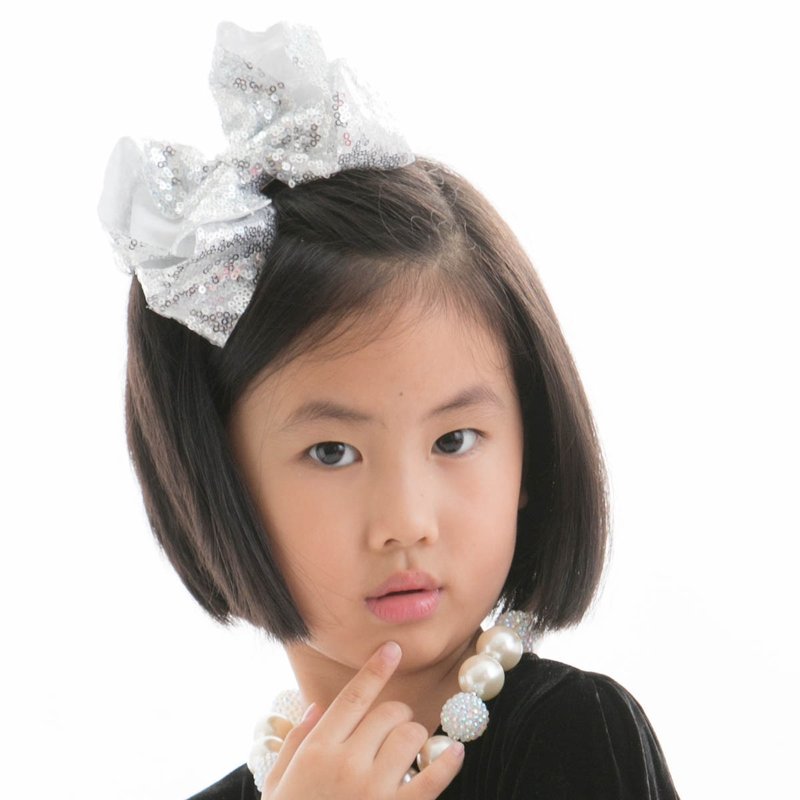 亮片大蝴蝶結髮夾 全包布手工髮飾 El Sequin Bow-Silver - 嬰兒手鍊/飾品 - 聚酯纖維 銀色