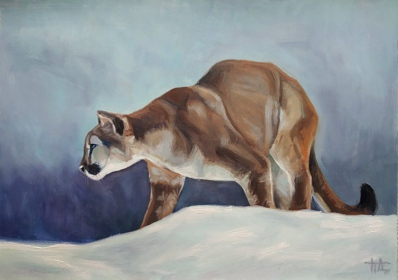 Original Painting Puma on Winter Hunt 5x6 inches Impressionism Hand Painted - โปสเตอร์ - กระดาษ หลากหลายสี