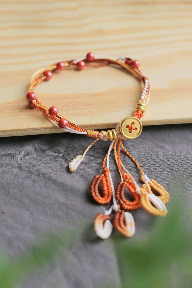 Spring and Autumn Handmade Rope Weaving | Phoenix Tail Knot Kumihimo Cinnabar Bracelet Sand Gold Buckle | Kumihimo Color Can Be Specified - Bracelets - Cotton & Hemp 