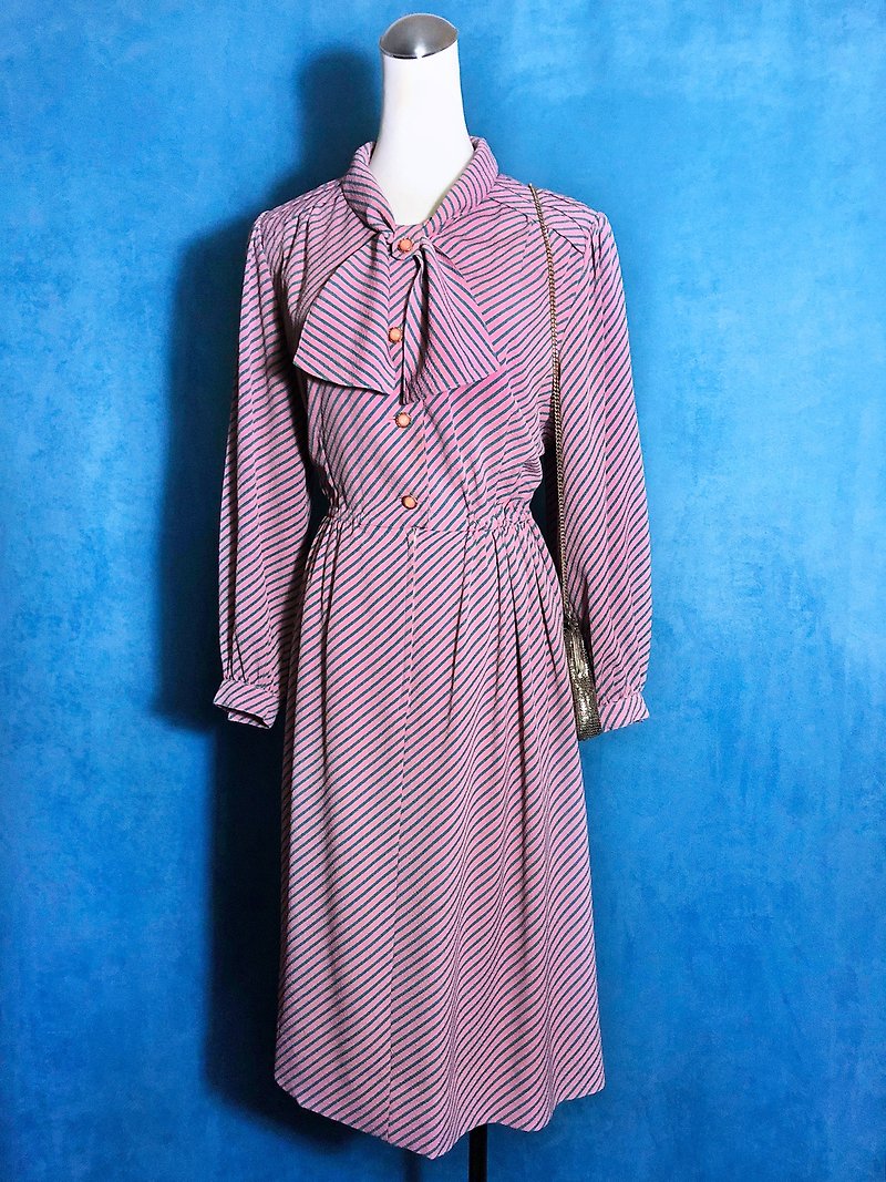 領結斜紋長袖古著洋裝/ 國外帶回 VINTAGE - 洋裝/連身裙 - 聚酯纖維 粉紅色