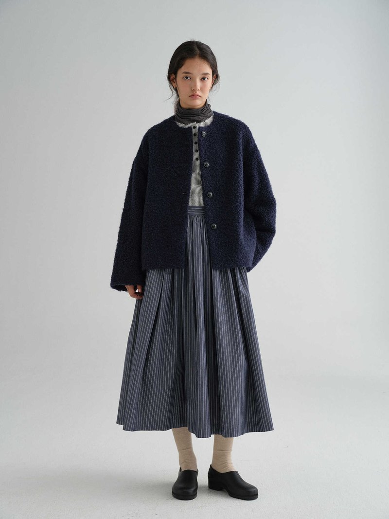 厚手ループウール ディープブルー ノーカラーショートジャケット - ブレザー・コート - コットン・麻 多色
