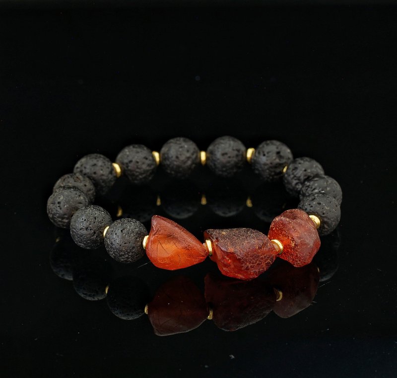 火山石原石琥珀 10mm 手鍊 ( Lava Stone Amber Bracelet ) - 手鍊/手環 - 玉石 