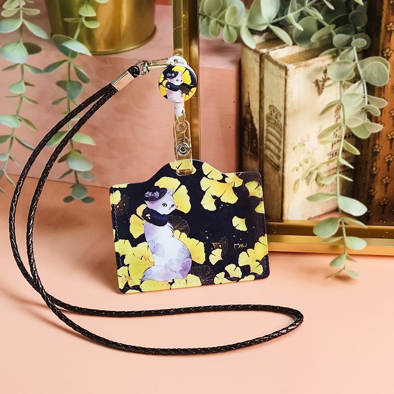 Lanyard Card Holder | Horizontal | Leisure Card Holder | Identification Card Holder | Student Card-Ginkgo Beauty Cat - ID & Badge Holders - Faux Leather Yellow
