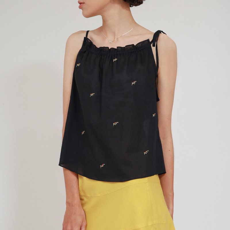 Spaghetti Cotton Tank Top, Gypso, Black - 女上衣/長袖上衣 - 棉．麻 黑色