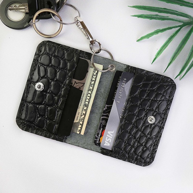 Keychain wallet for women - Credit Card Wallet - Slim Minimalist Wallet - wallet - ที่เก็บนามบัตร - หนังแท้ สีดำ