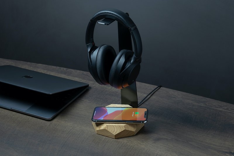 Oak 2in1 Wireless charging Headphone stand, wooden gift for him, geek - Phone Charger Accessories - Wood Khaki