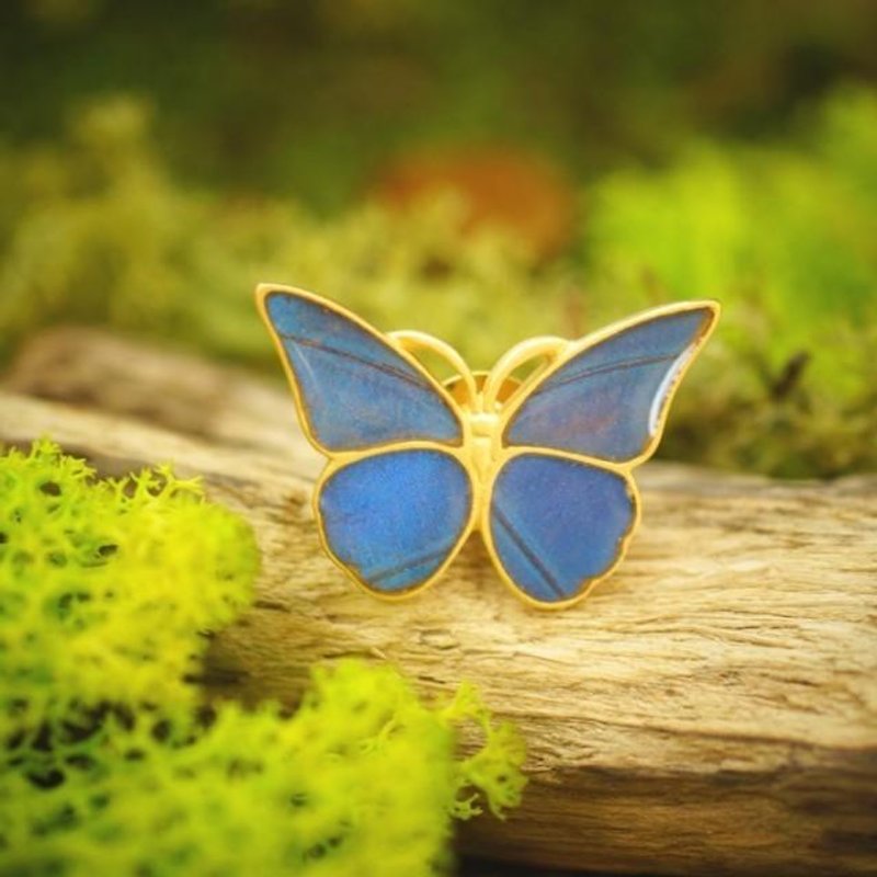 モルフォ蝶のアンティークピンブローチ - ブローチ - 金属 ブルー