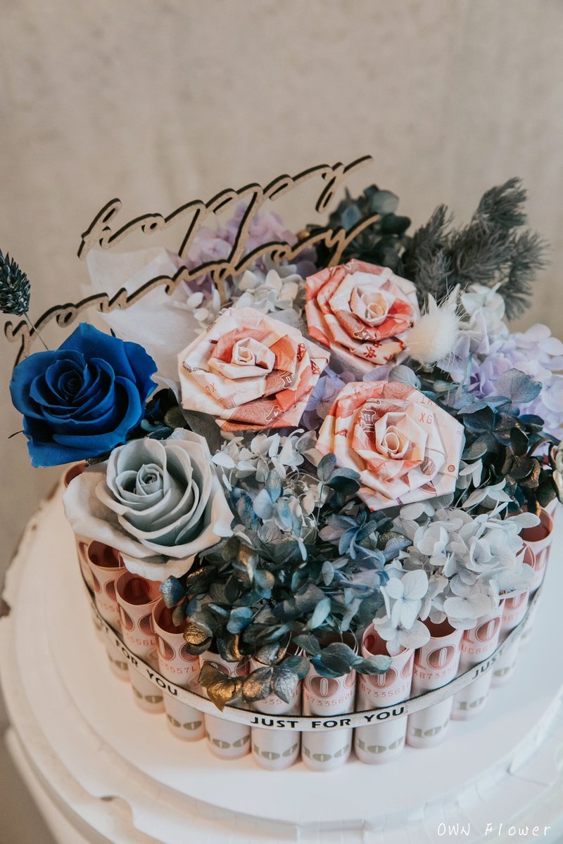 鈔票蛋糕/有錢花蛋糕/錢花蛋糕/生日禮物/生日花束/生日蛋糕/永生 - 乾燥花/永生花 - 植物．花 藍色