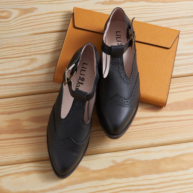[Swinging Age] Vintage Carved T-Word Oxford Shoes - Classic Black (24) - รองเท้าอ็อกฟอร์ดผู้หญิง - หนังแท้ สีดำ